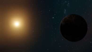 A celestial scene with a glowing star and a distant planet against a starry background.