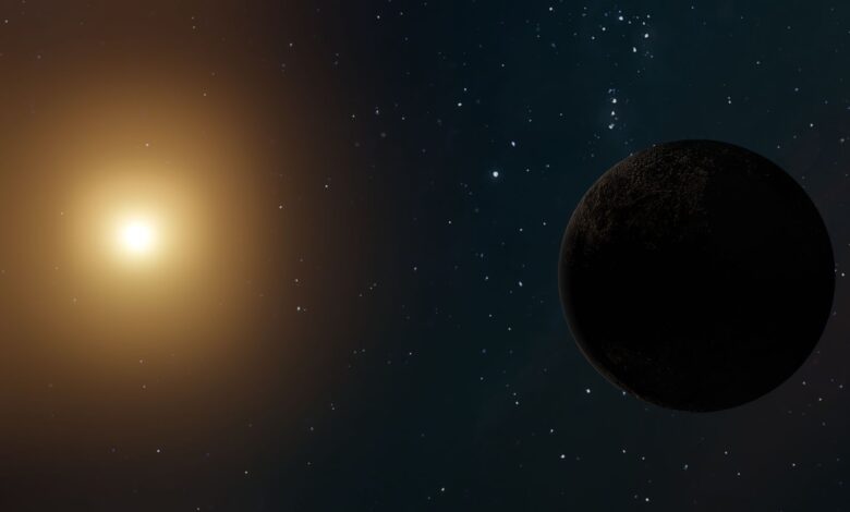 A celestial scene with a glowing star and a distant planet against a starry background.
