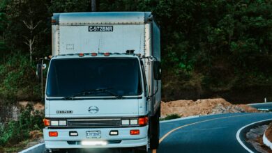 A white truck driving on a winding road surrounded by dense green forest plants.