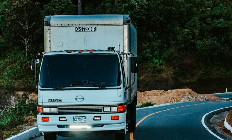 A white truck driving on a winding road surrounded by dense green forest plants.