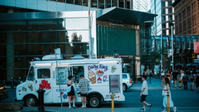 A vibrant street scene in Toronto featuring an ice cream truck and pedestrians.