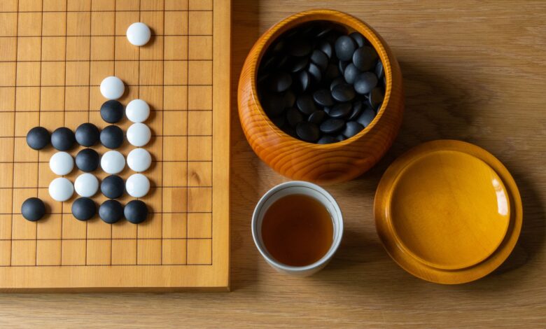 Top view of a Go board with black and white stones, tea, and bowls on a wooden surface.