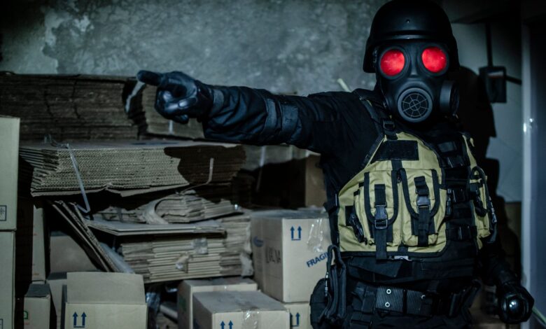 Dark and moody scene of a person in tactical gear and gas mask in an abandoned warehouse.