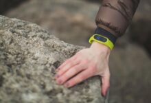 Close-up of a hand with a fitness tracker touching a rock outdoors, showcasing exploration.