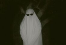 Mysterious figure dressed as a ghost wearing sunglasses in a dark forest setting.