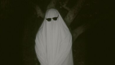 Mysterious figure dressed as a ghost wearing sunglasses in a dark forest setting.
