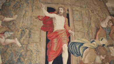 Detailed tapestry illustrating the resurrection of Jesus, blending art with religious history.