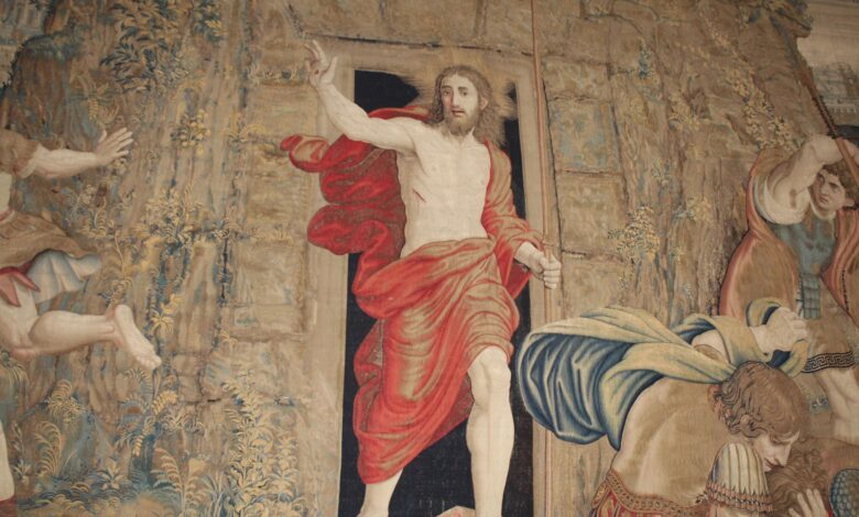 Detailed tapestry illustrating the resurrection of Jesus, blending art with religious history.
