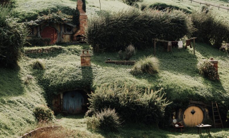 Charming Hobbiton-style houses built into lush green hills in rural New Zealand.