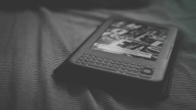 Black and white e-reader resting on patterned bedding, focusing on technology and reading.