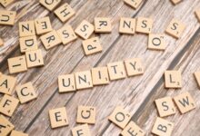 Scrabble tiles on a wooden surface spell 'Unity', highlighting teamwork and togetherness.