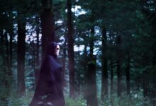 A cloaked figure with a white mask stands in a foggy forest setting, evoking mystery.