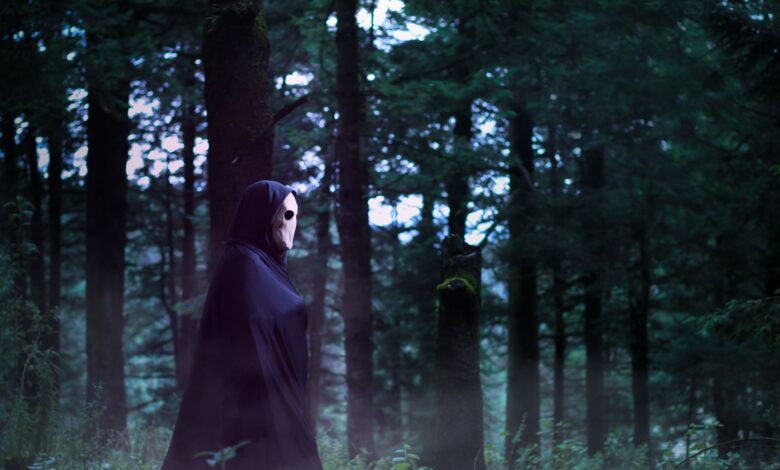 A cloaked figure with a white mask stands in a foggy forest setting, evoking mystery.