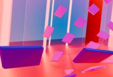 Colorful abstract 3D geometric design with floating shapes in pink and blue hues.