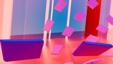 Colorful abstract 3D geometric design with floating shapes in pink and blue hues.