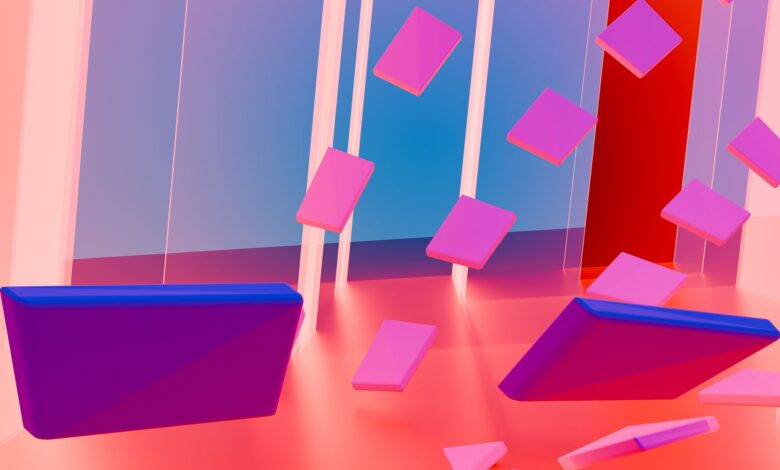Colorful abstract 3D geometric design with floating shapes in pink and blue hues.