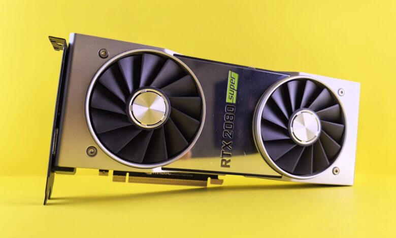 Close-up of a RTX 2080 Super graphics card against a bright yellow backdrop, showcasing high-tech design.