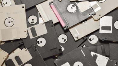 A collection of vintage floppy disks showcasing retro data storage technology.