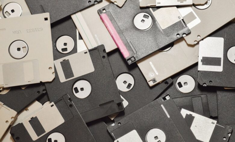 A collection of vintage floppy disks showcasing retro data storage technology.
