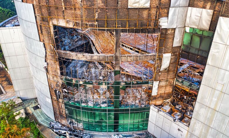 Aerial view of a partially collapsed building facade in Banten, Indonesia.