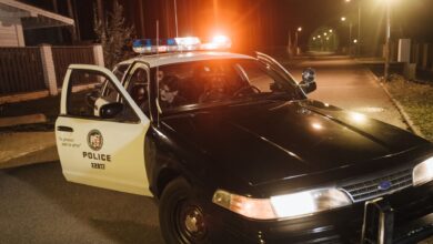 Police car with flashing lights parked at night during an urban patrol.