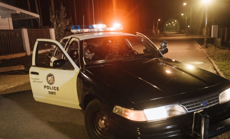 Police car with flashing lights parked at night during an urban patrol.