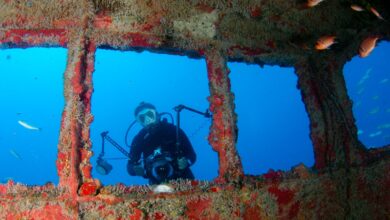 Scuba diver captures images at an underwater shipwreck.