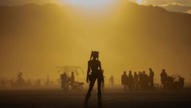 A dynamic silhouette of a person amidst a vibrant crowd against a dramatic sunset.