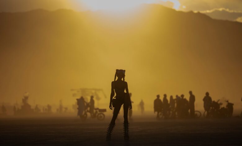 A dynamic silhouette of a person amidst a vibrant crowd against a dramatic sunset.
