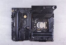 Top-down view of ASUS TUF Gaming Z590 motherboard showcasing advanced technology and design.