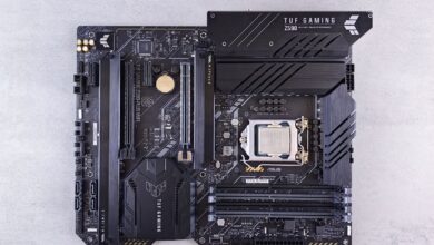 Top-down view of ASUS TUF Gaming Z590 motherboard showcasing advanced technology and design.