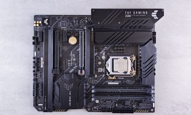 Top-down view of ASUS TUF Gaming Z590 motherboard showcasing advanced technology and design.