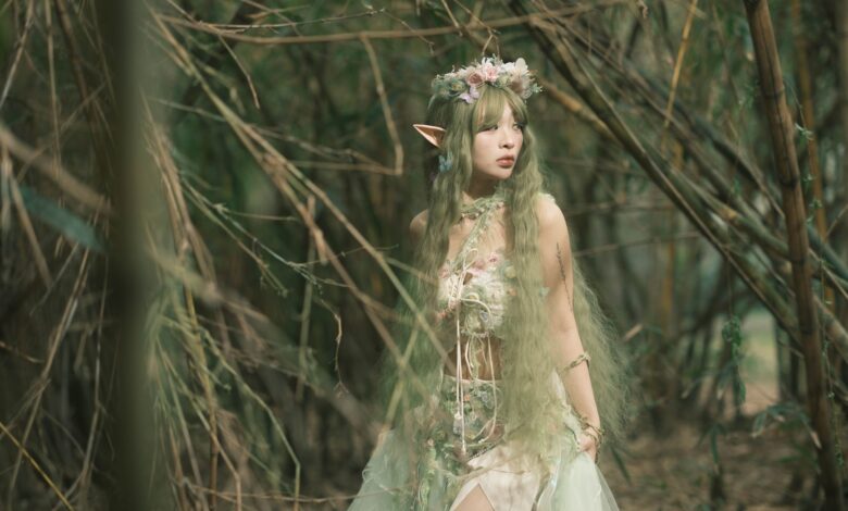 Fantasy-themed portrait of an elf in a bamboo forest, evoking a magical and ethereal atmosphere.