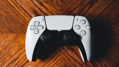 A detailed shot of a modern game controller on a richly textured wooden surface.