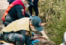 Emergency responders perform a life-saving simulation outdoors, demonstrating teamwork and first aid skills.