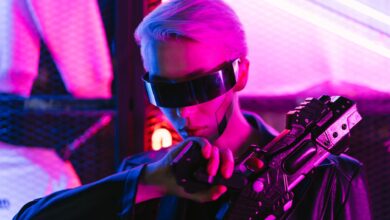 A stylish woman in cyberpunk attire poses with a futuristic gun under neon lights.