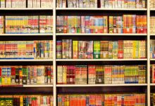 Vibrant shelves filled with Japanese manga in a bookstore. Perfect for comic enthusiasts.