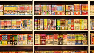 Vibrant shelves filled with Japanese manga in a bookstore. Perfect for comic enthusiasts.