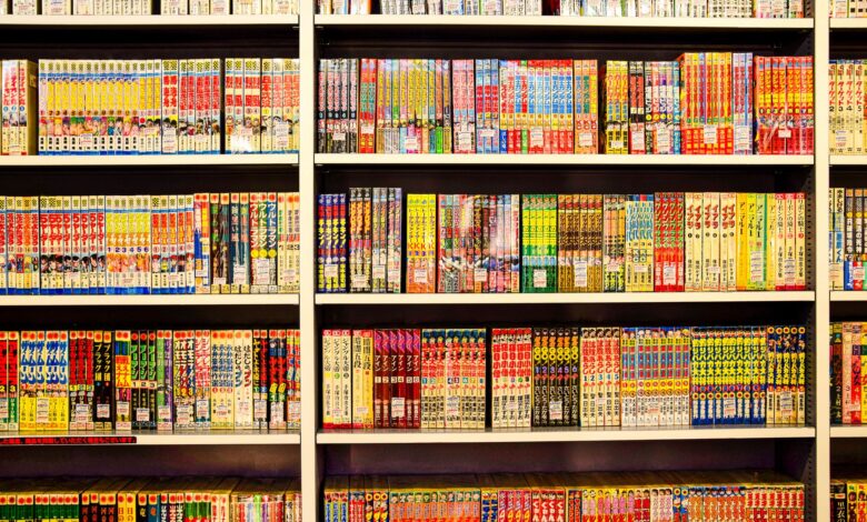 Vibrant shelves filled with Japanese manga in a bookstore. Perfect for comic enthusiasts.